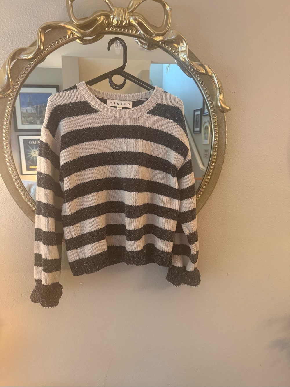Black and Cream Striped Crewneck Sweater with metallic threads